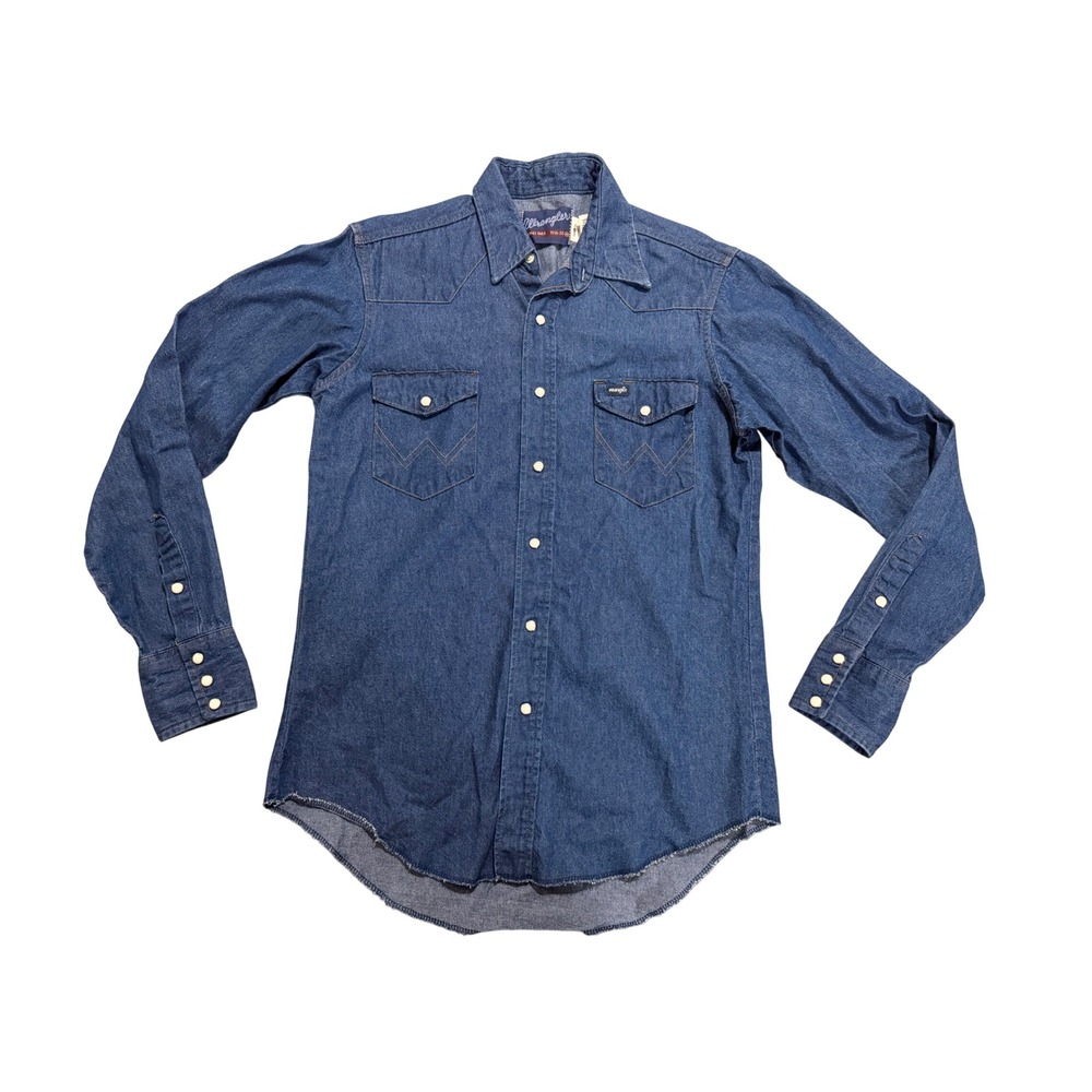 Wrangler Denim Western Shirt Mens 15.5-35 Blue  Pearl Snap Long Tail USA Made
